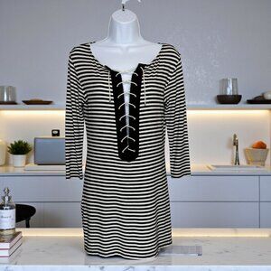 Yansi Fugel Brown & White Striped Lace-Up Tunic Dress – XS